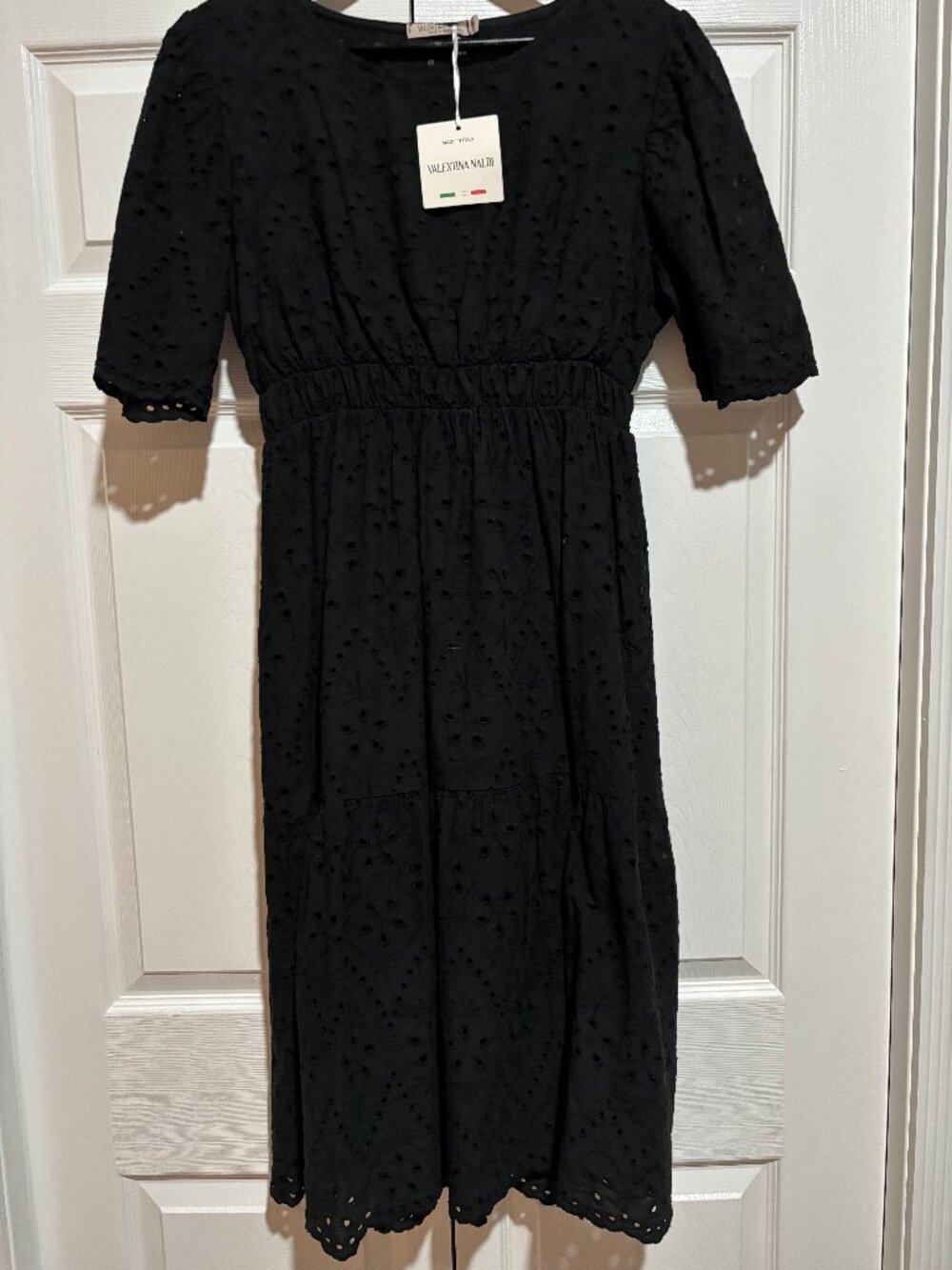 Valentina Naldi Black Eyelet Midi Dress Puff Sleeve Cotton Tiered Dress Size XL